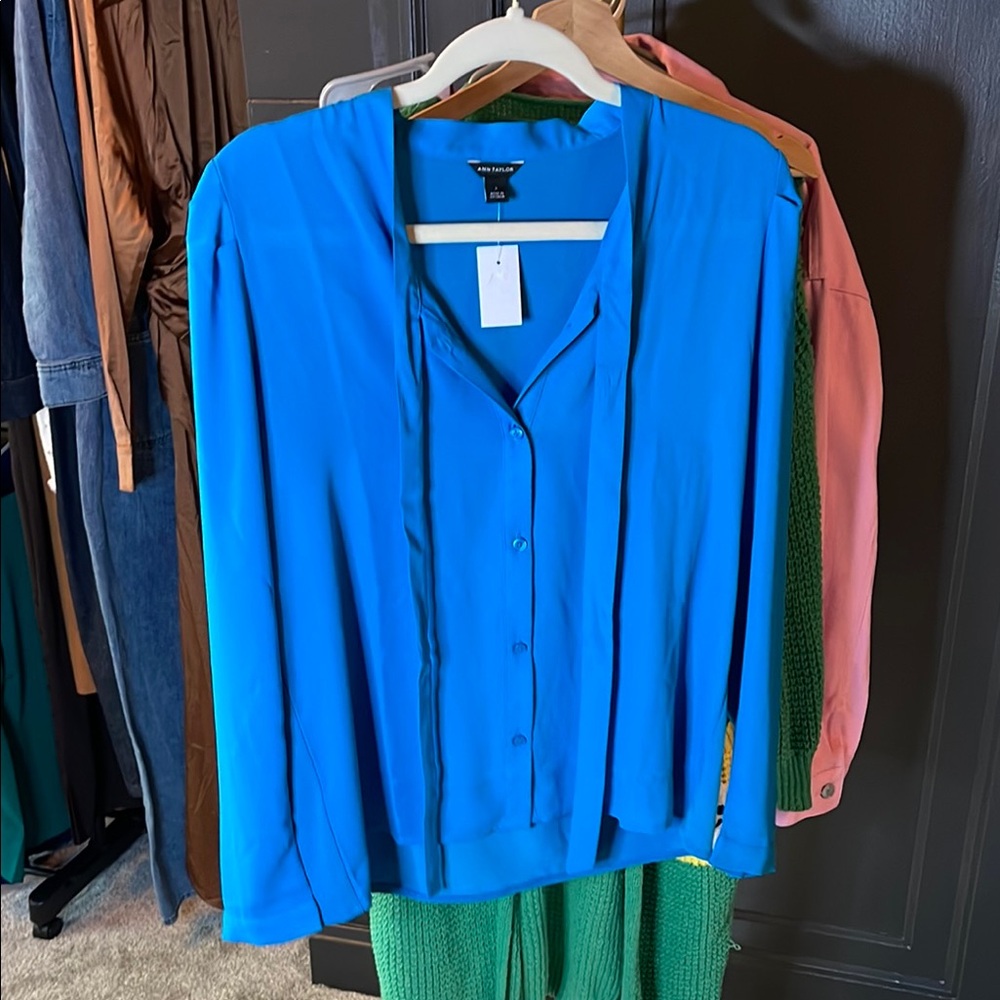 Ann Taylor Blue Button Down Shirt with Notched Collar and Relaxed Fit